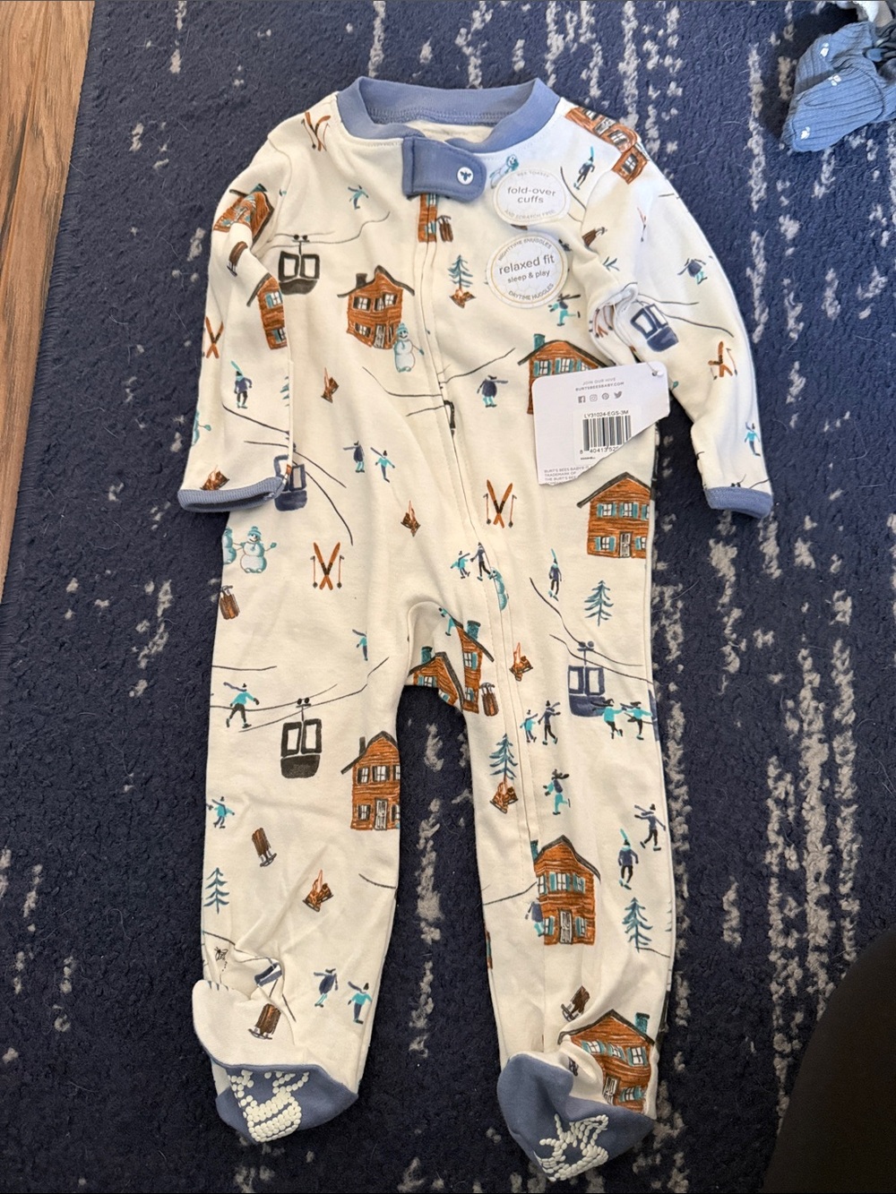 Burt's Bees Baby Cream Ski Cabin Footed One-Piece with Blue Trim